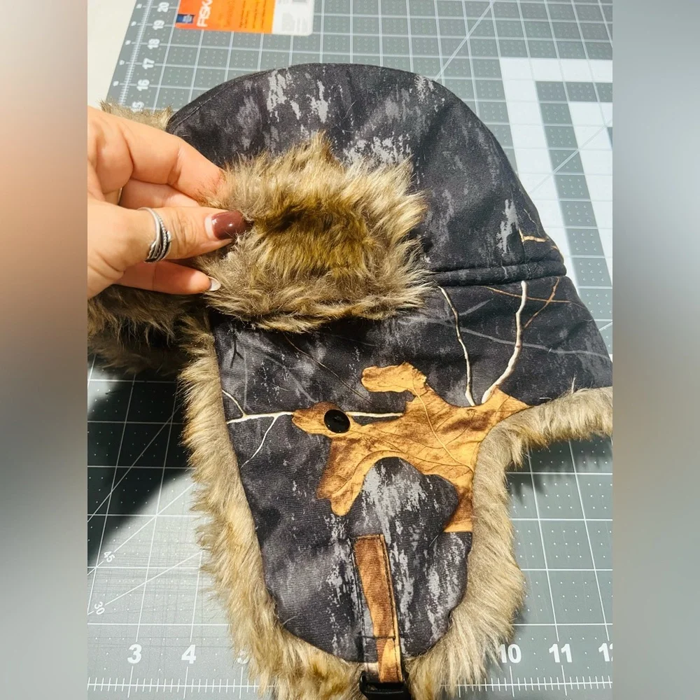 3M Thinsulate Black Camo Trapper Hat with Brown Faux Fur Trim